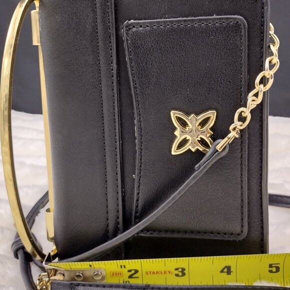 BCBGMAXAZRIA Black Sling / Mini Satchel/Crossbody Bag with Gold Clover Logo - Picture 5 of 8